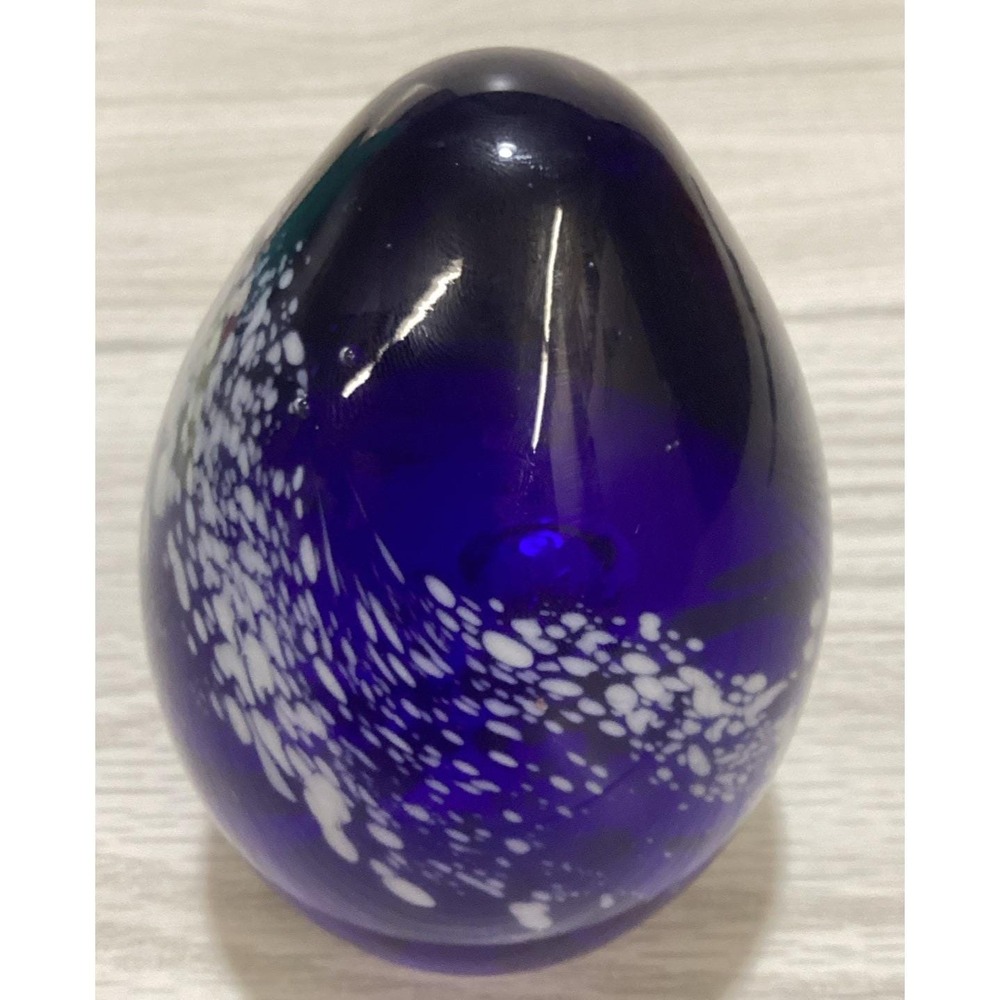 SDS SEAPOOT Art Deco Glass Paperweight 3x4.25" Am Design Cobalt Blue White‎ Egg